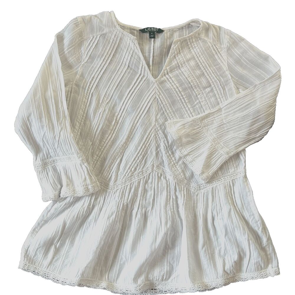 Lauren Ralph Lauren womens blouse M white Lace Pleated Cotton Cottage Peasant